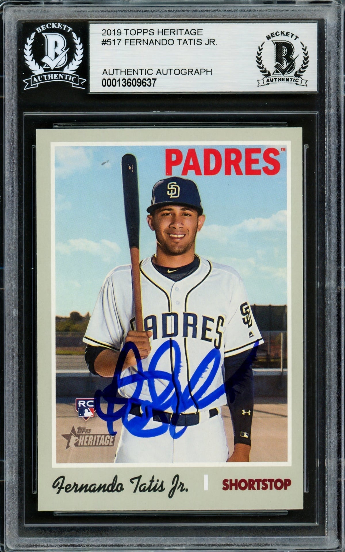 Fernando Tatis Jr. Autographed 2019 Topps Heritage Rookie Card #517 San Diego Padres Beckett Bas Stock #220234
