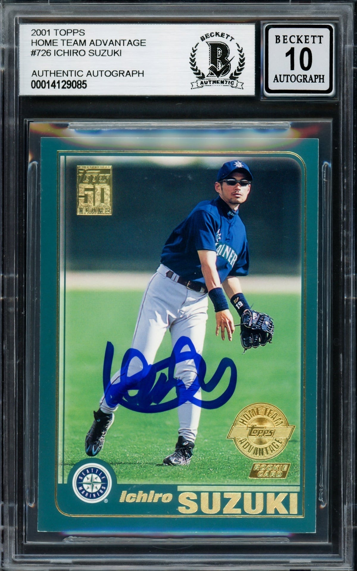 Ichiro Suzuki Autographed 2001 Topps Home Team Advantage Rookie Card #726 Seattle Mariners Auto Grade Gem Mint 10 Beckett Bas Stock #220241