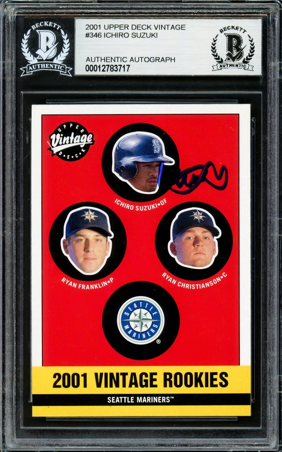 Ichiro Suzuki Autographed 2001 Upper Deck Vintage Rookie Card #346 Seattle Mariners Beckett Bas Stock #220245