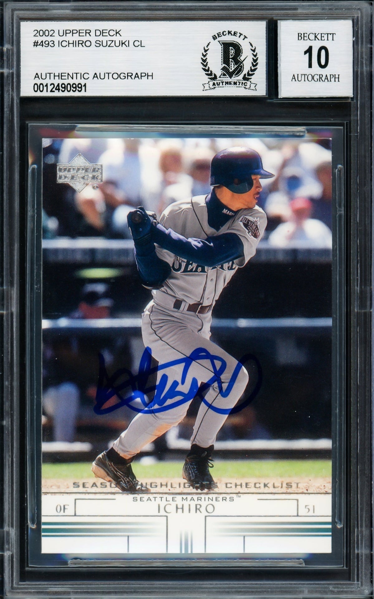 Ichiro Suzuki Autographed 2002 Upper Deck Card #493 Seattle Mariners Auto Grade Gem Mint 10 Beckett Bas Stock #220256