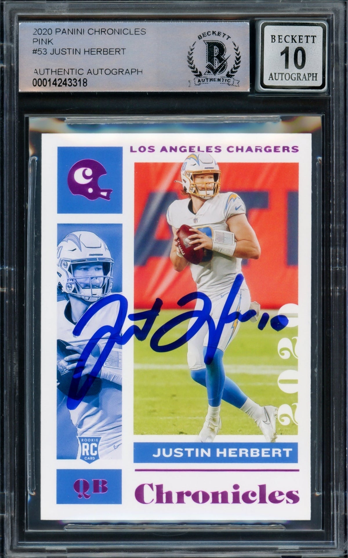 Justin Herbert Autographed 2020 Panini Chronicles Pink Parallel Rookie Card #53 Los Angeles Chargers Auto Grade Gem Mint 10 Beckett Bas Stock #220328