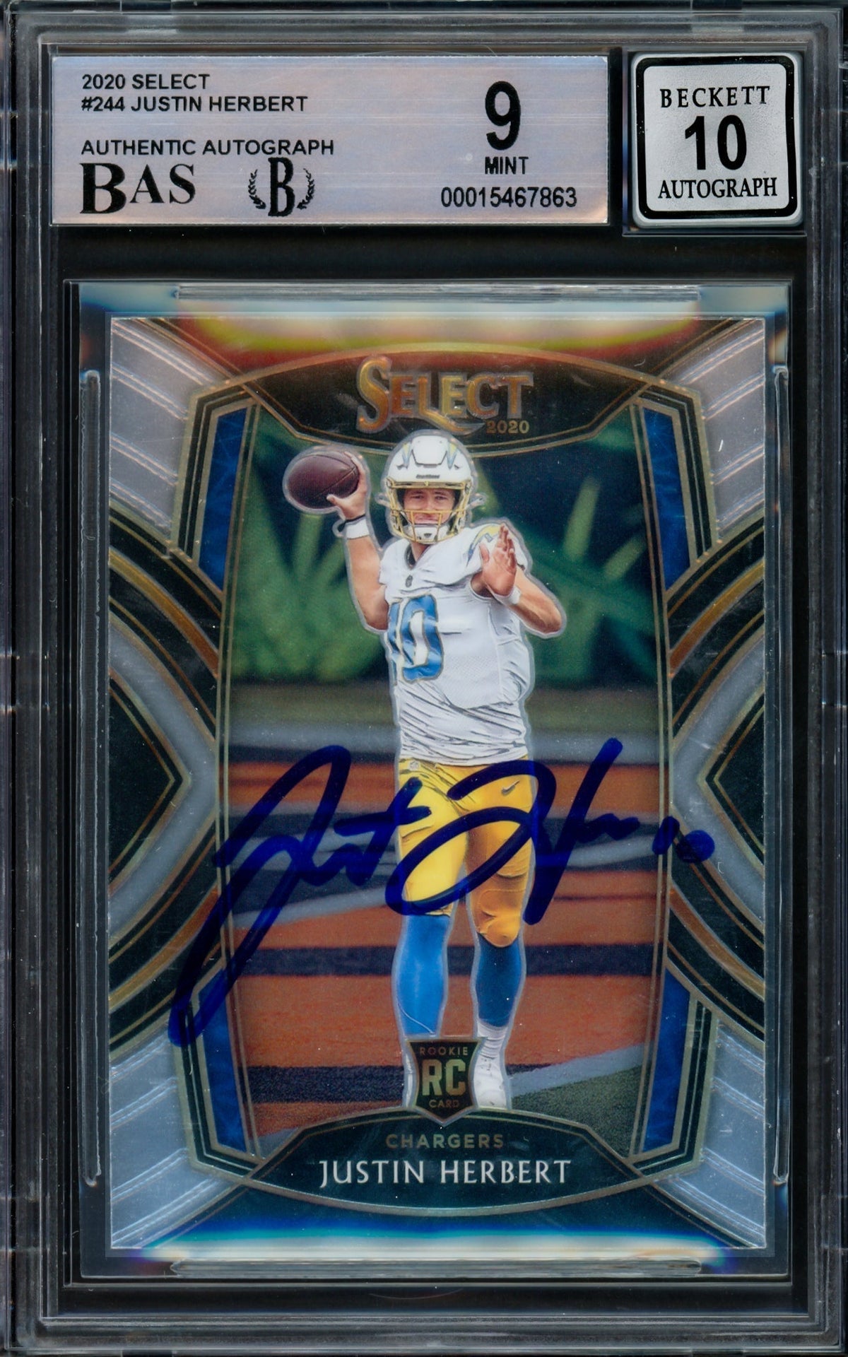 Justin Herbert Autographed 2020 Select Rookie Card #244 Los Angeles Chargers BGS 9 Auto Grade Gem Mint 10 Beckett Bas Stock #220331