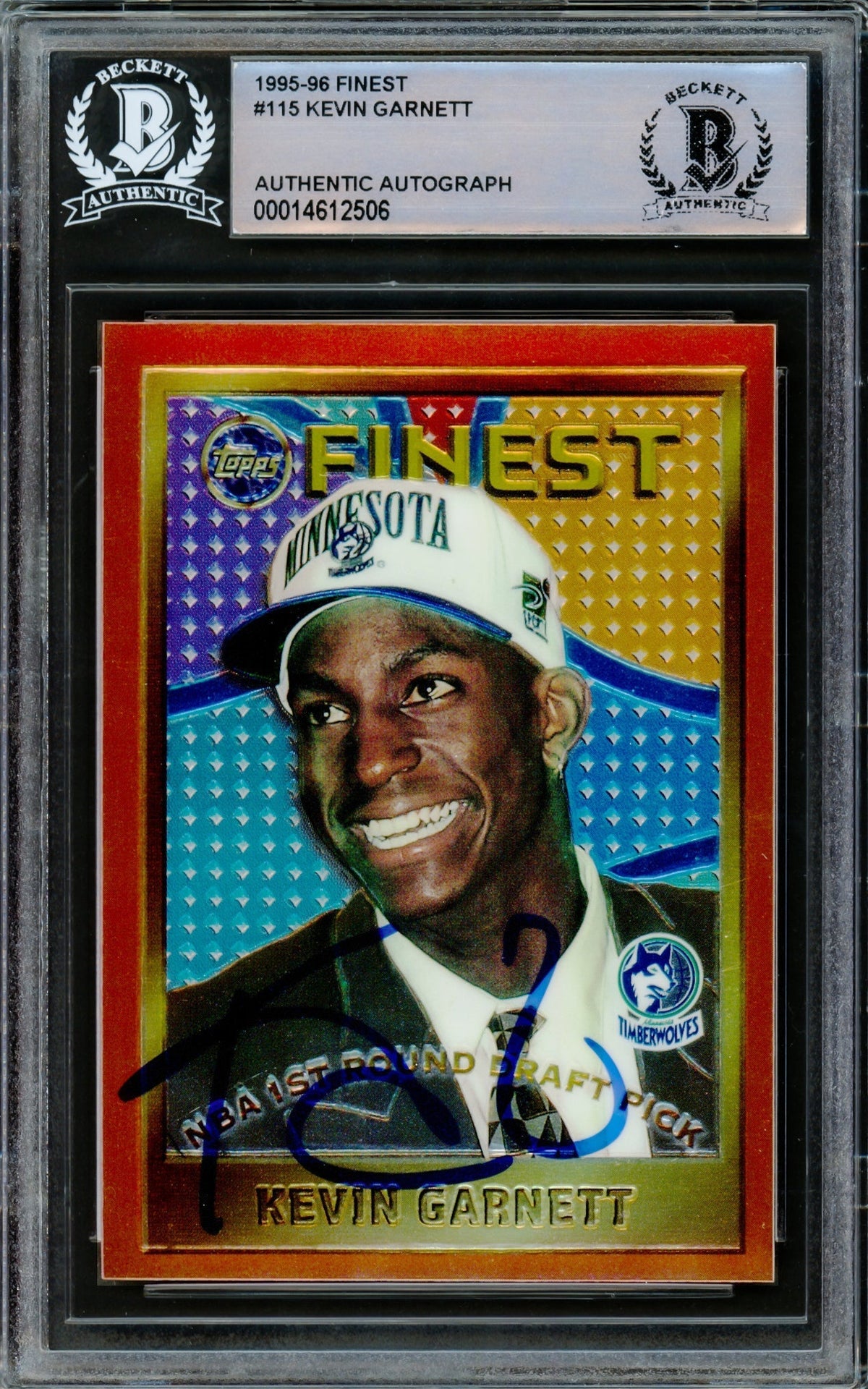 Kevin Garnett Autographed 1995-96 Topps Finest Rookie Card #115 Minnesota Timberwolves Beckett Bas Stock #220333