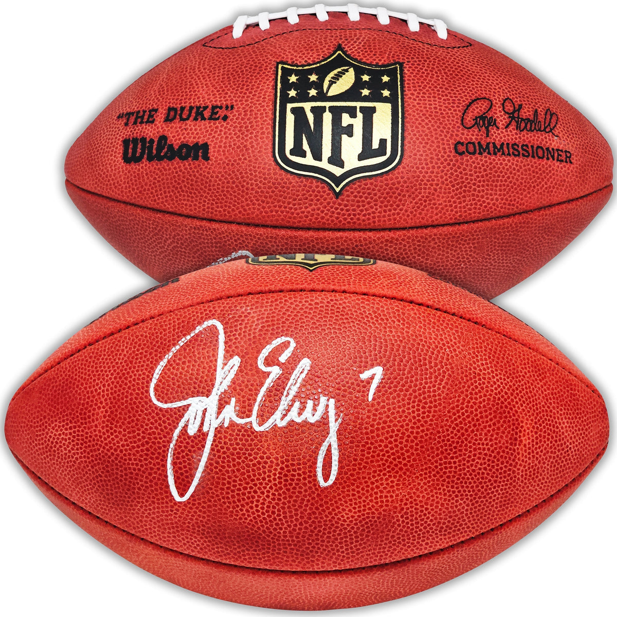 John Elway Autographed Official Leather Gold Shield Football Denver Broncos Beckett Bas Witness Stock #220365