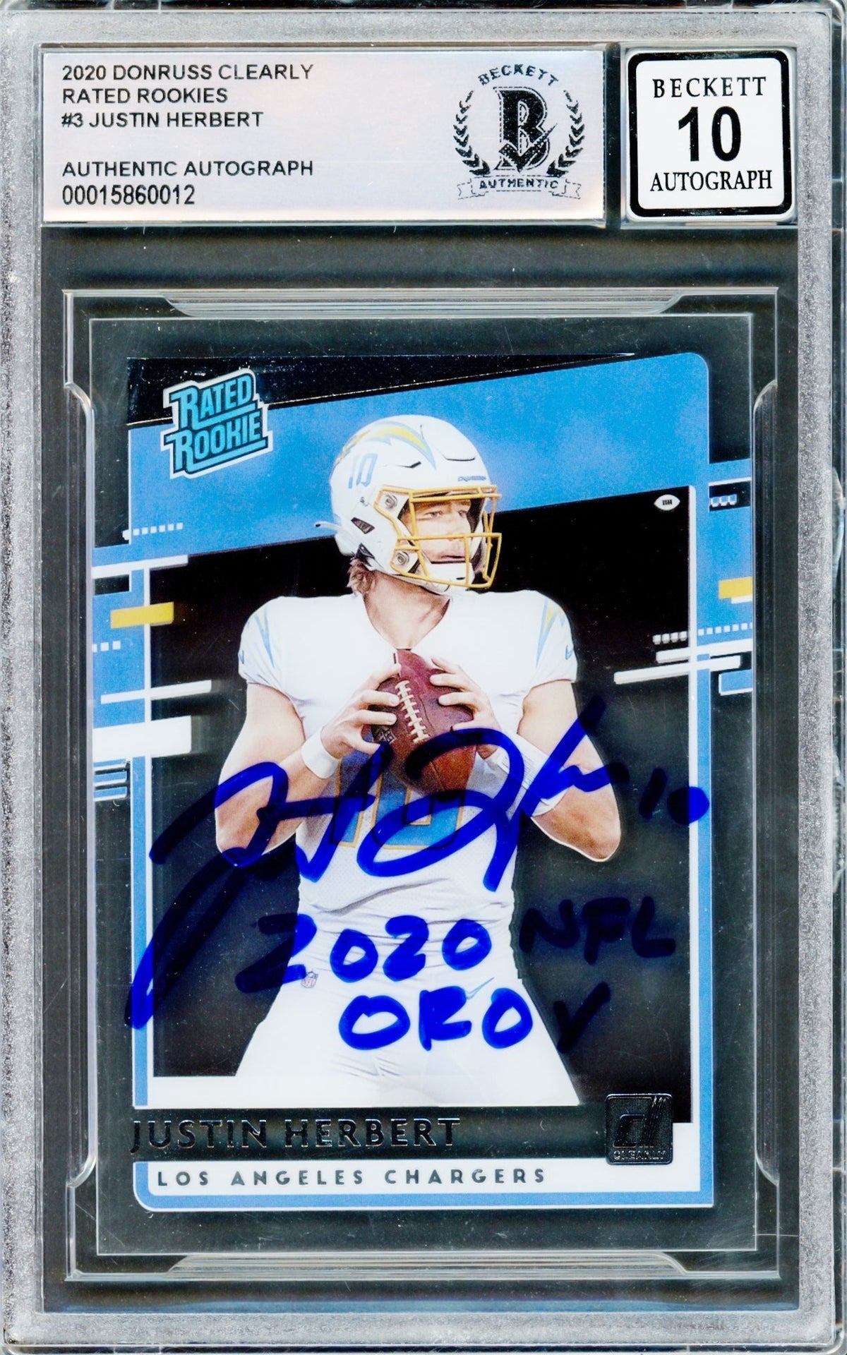 Justin Herbert Autographed 2020 Donruss Clearly Rated Rookies Rookie Card #Rr-Jh Los Angeles Chargers Auto Grade Gem Mint 10 "2020 NFL Oroy" Beckett Bas #15860012