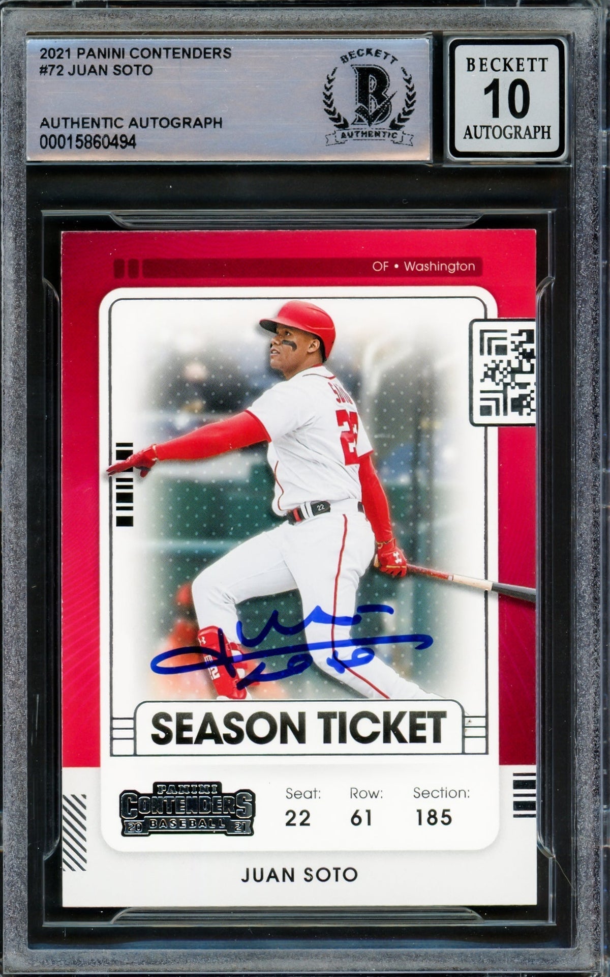 Juan Soto Autographed 2021 Panini Contenders Card #72 Washington Nationals Auto Grade Gem Mint 10 Beckett Bas #15860494