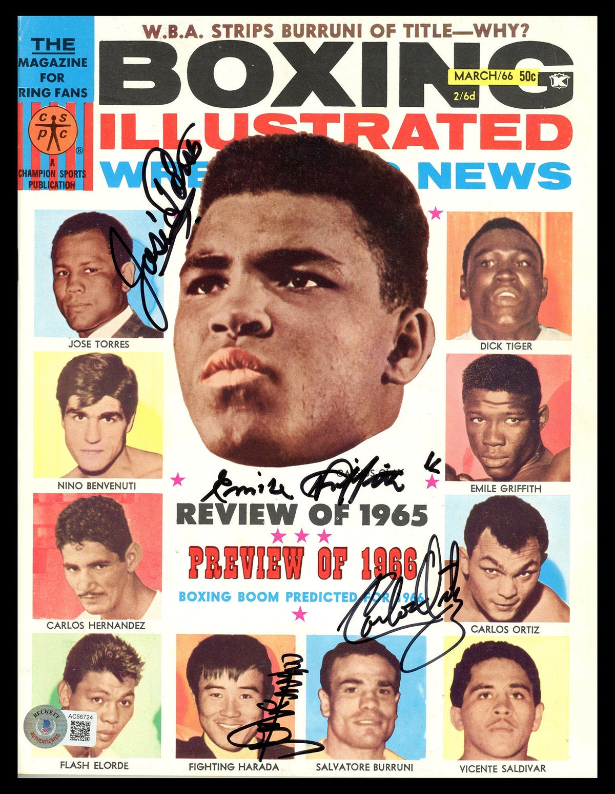 Boxing Legends Autographed Boxing Illustrated Magazine With 4 Signatures Including Fighting Harada & Emile Griffith Beckett Bas #Ac56724