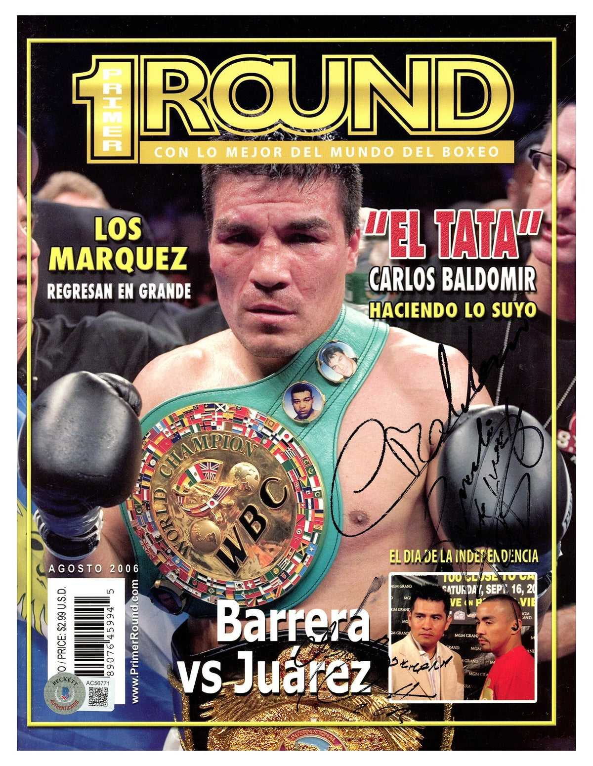 Marco Antonio Barrera, Carlos Baldomir & Rocky Juarez Autographed Primer Round Magazine Beckett Bas #Ac56771