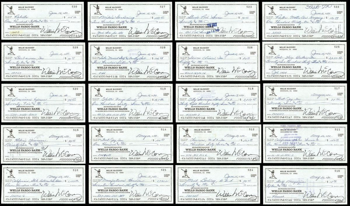 Lot Of 20 Willie Mccovey 3X6 Checks San Francisco Giants Sku #219429