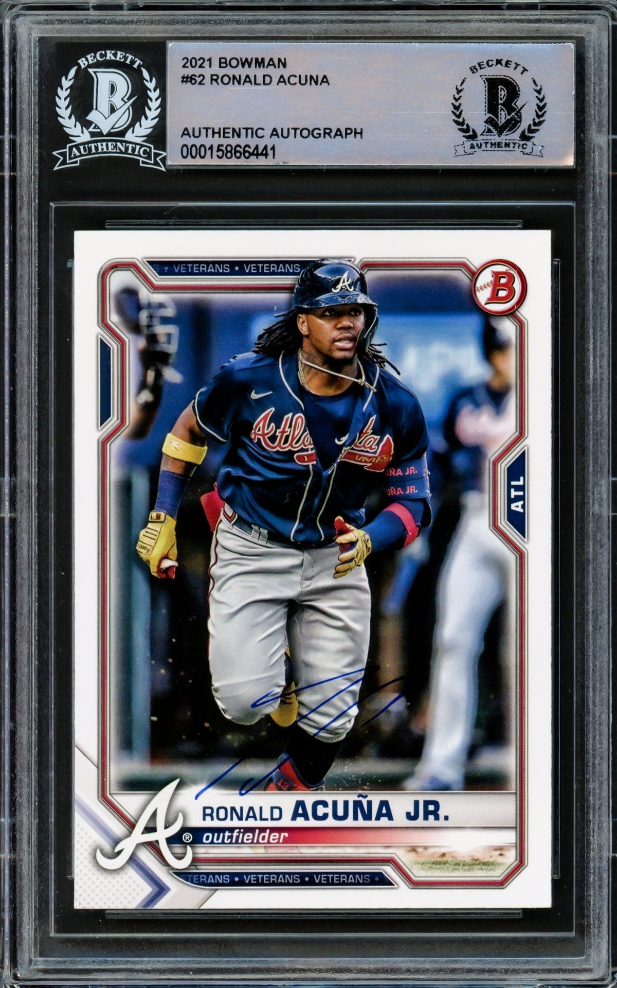 Ronald Acuna Jr. Autographed 2021 Bowman Card #62 Atlanta Braves Beckett Bas Stock #219386