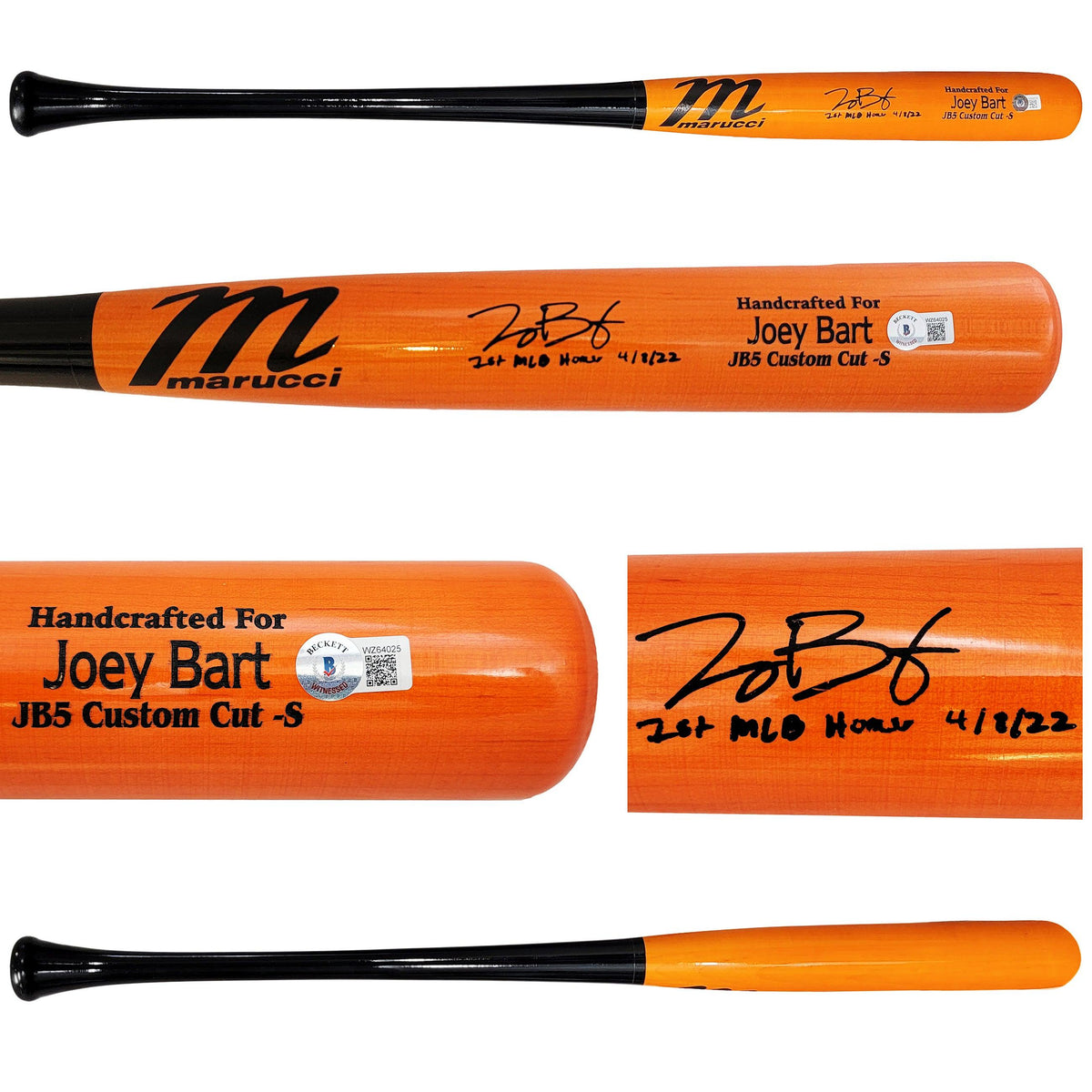 Joey Bart Autographed Orange Marucci Game Model Bat San Francisco Giants "1St MLB Homer" Beckett Bas Witness Stock #208240