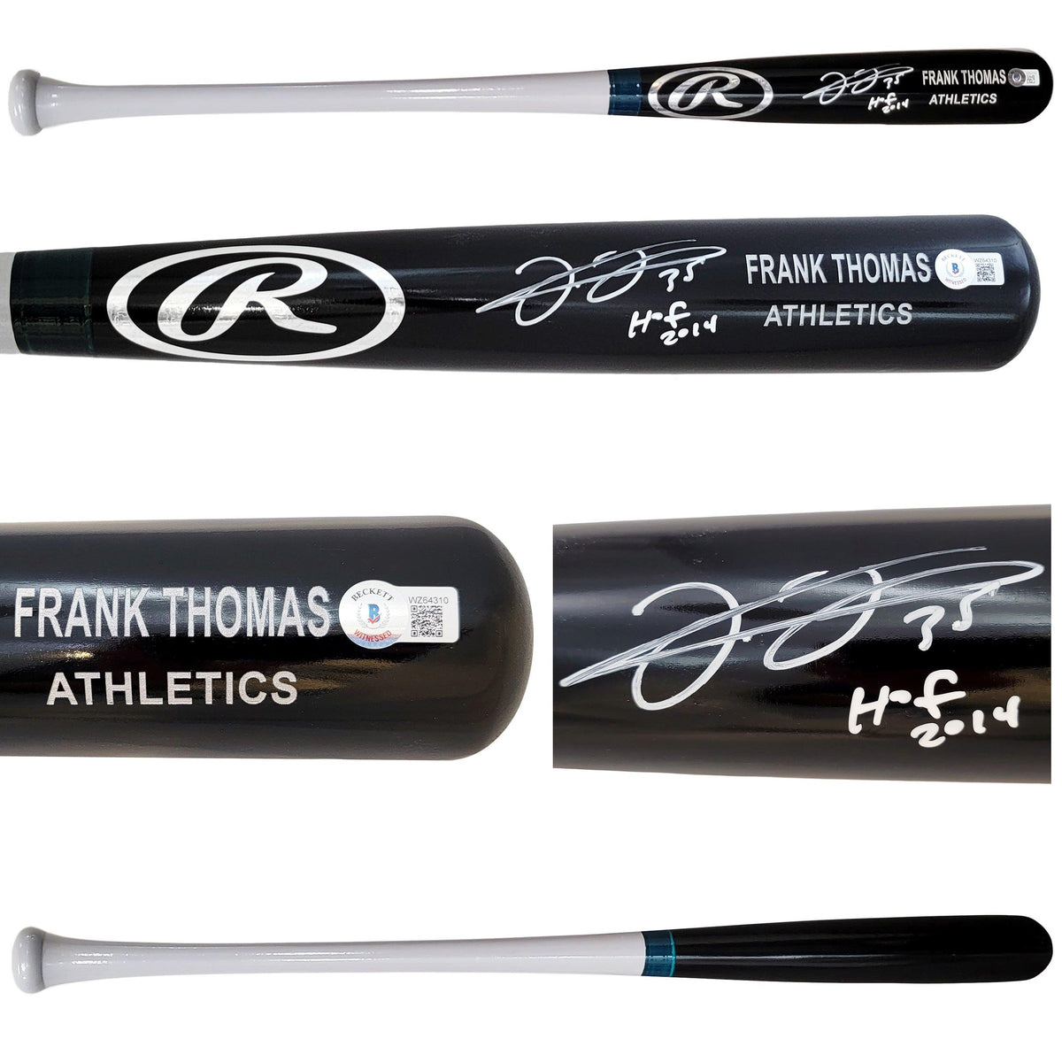 Frank Thomas Autographed Black Rawlings Game Model Bat Oakland A's Engraving "Hof 2014" Beckett Bas Witness Stock #208243