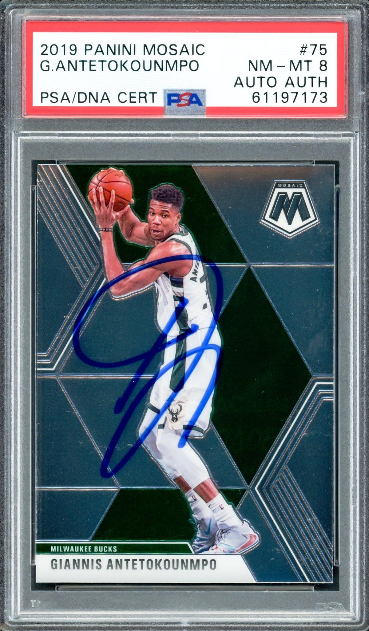 Giannis Antetokounmpo Autographed 2019 Panini Mosaic Card #75 Milwaukee Bucks PSA 8 PSA/Dna #61197173