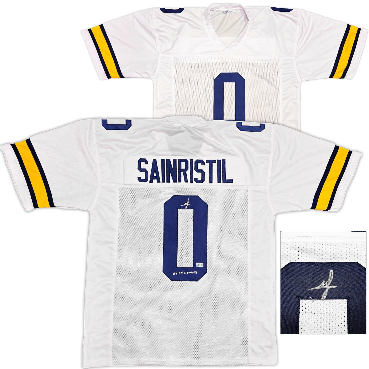 Michigan Wolverines Mike Sainristil Autographed White Jersey "23 Natl Champs" Beckett Bas Witness