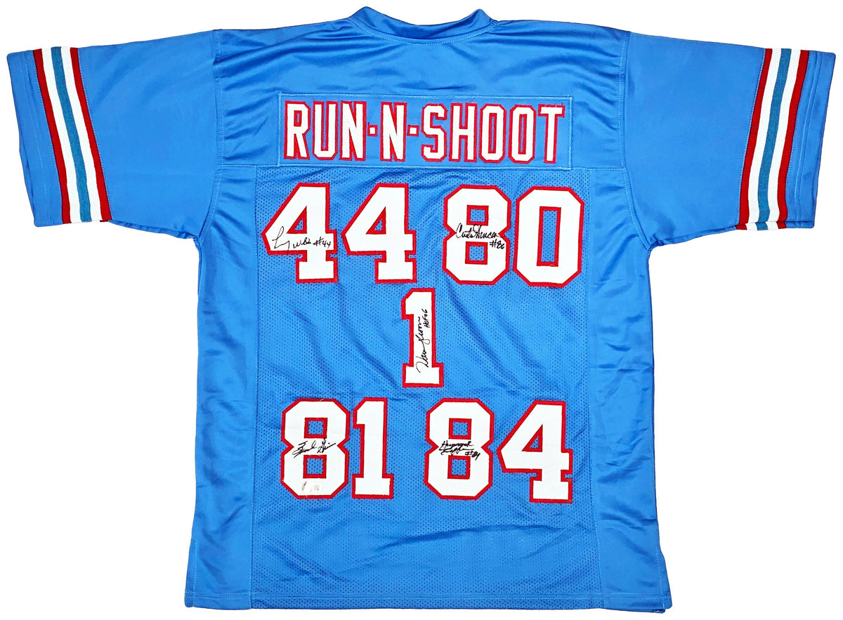 Houston Oilers Run & Shoot Autographed Baby Blue Jersey With 5 Signatures Including Warren Moon Beckett Bas Witness Stock #220384