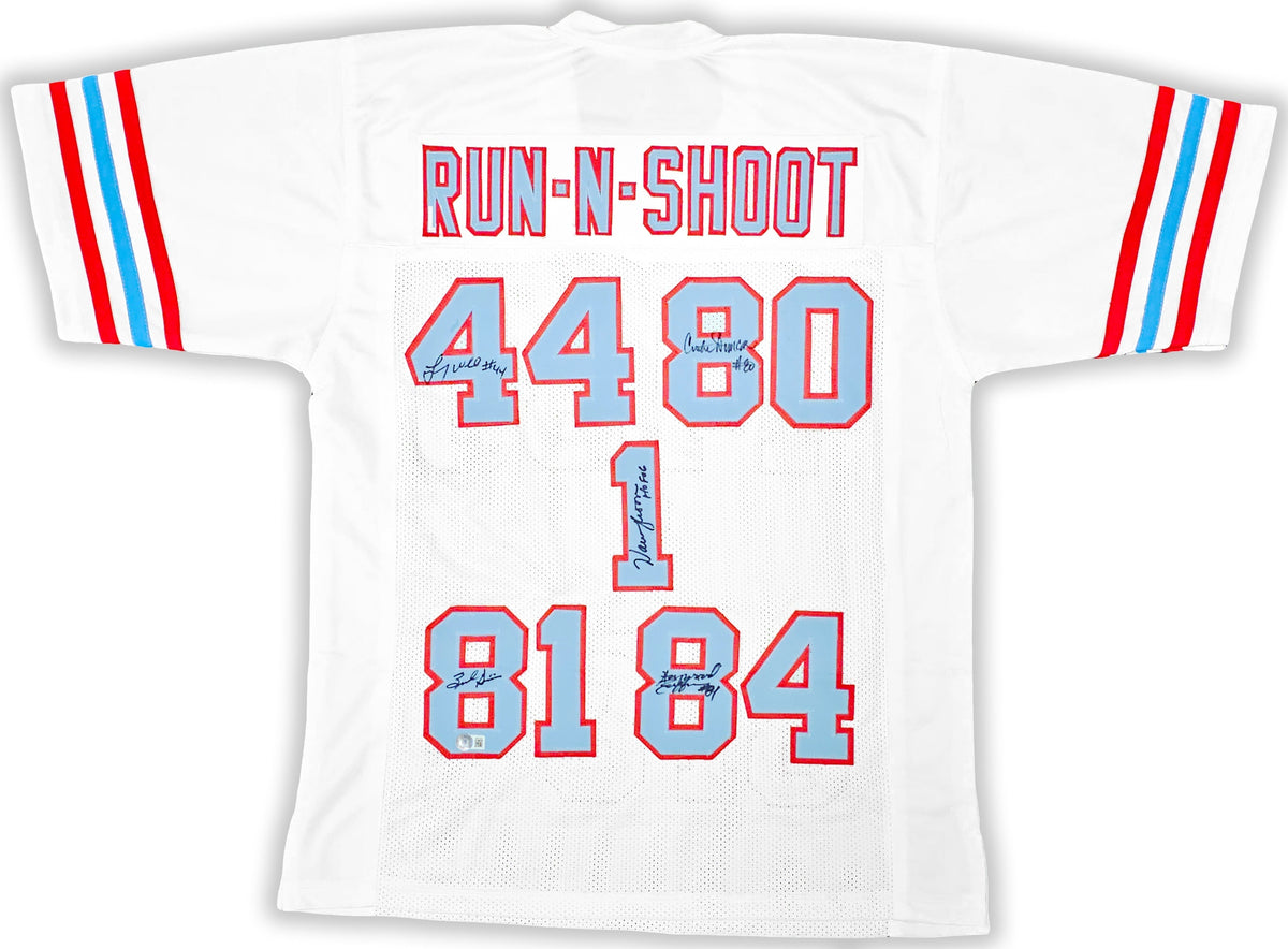 Houston Oilers Run & Shoot Autographed White Jersey With 5 Signatures Including Warren Moon Beckett Bas Witness Stock #220385