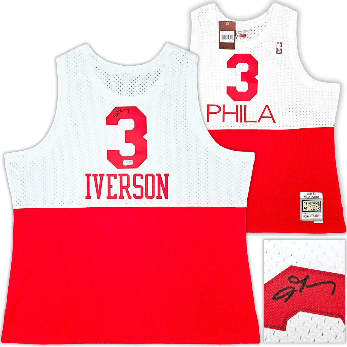 Philadelphia 76Ers Allen Iverson Autographed White & Red Authentic Mitchell & Ness 2003-04 Hwc Swingman Jersey Size Xxl Beckett Bas Witness Stock #220421