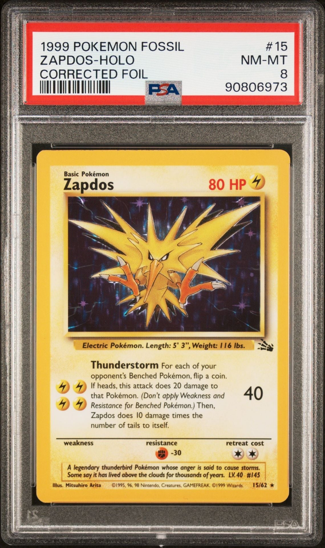 PSA (Nm-Mt 8) Zapdos - Holo #15 (Corrected Foil) - Pokémon Fossil (#90806973)