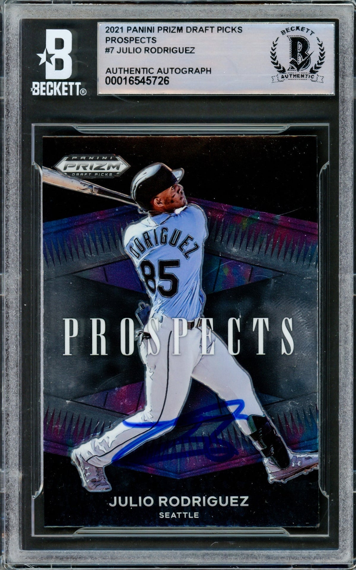 Julio Rodriguez Autographed 2021 Panini Prizm Prospects Rookie Card #P-Jr Seattle Mariners Beckett Bas #16545726
