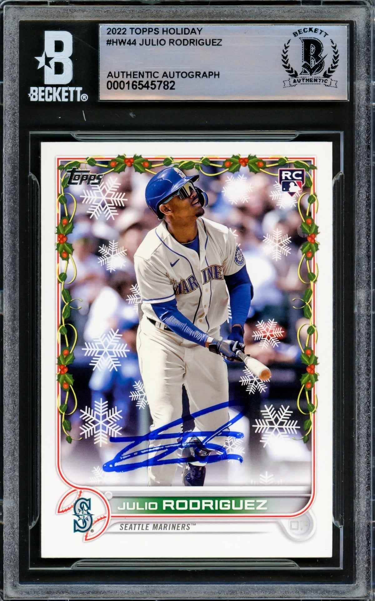 Julio Rodriguez Autographed 2022 Topps Holiday Rookie Card #Hw44 Seattle Mariners Beckett Bas #16545782