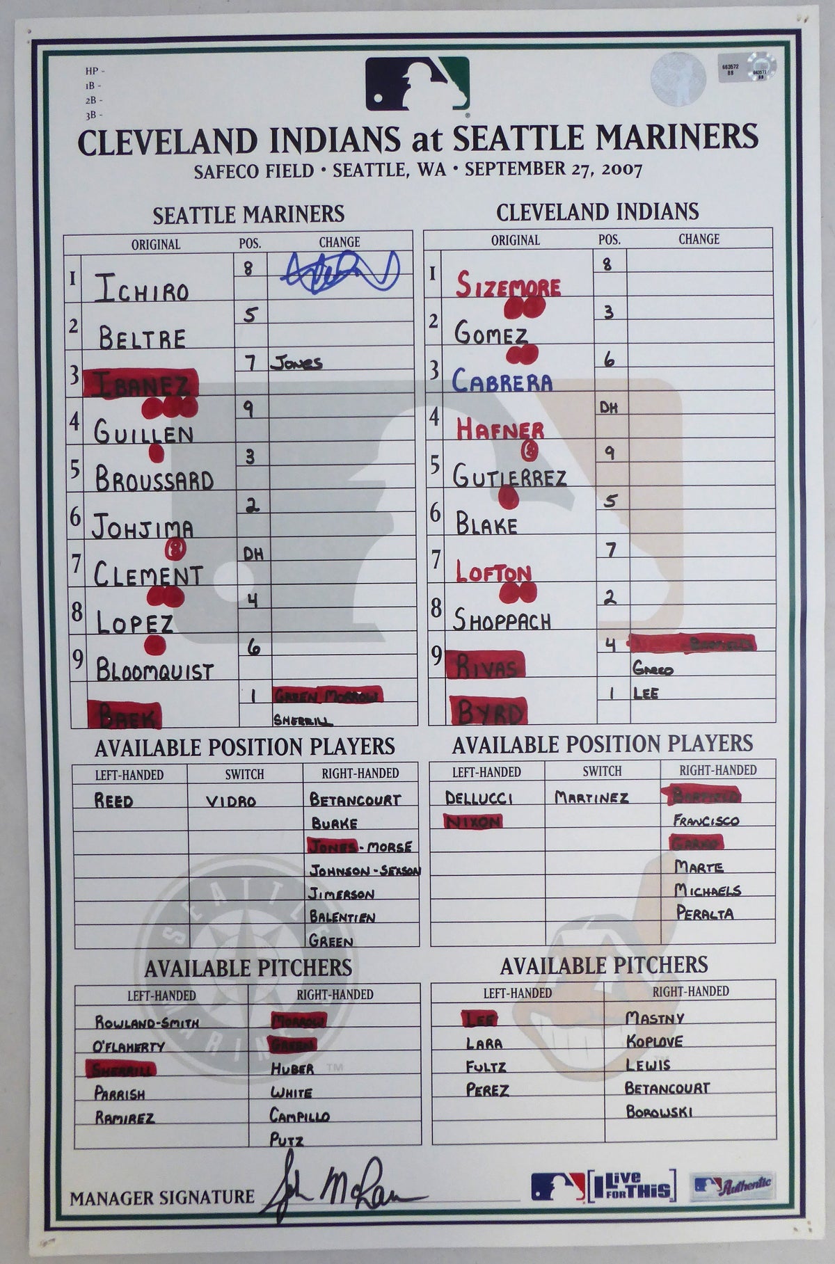 Ichiro Suzuki Autographed Game Used Lineup Card Seattle Mariners September 27, 2007 Is Holo Sku #214133