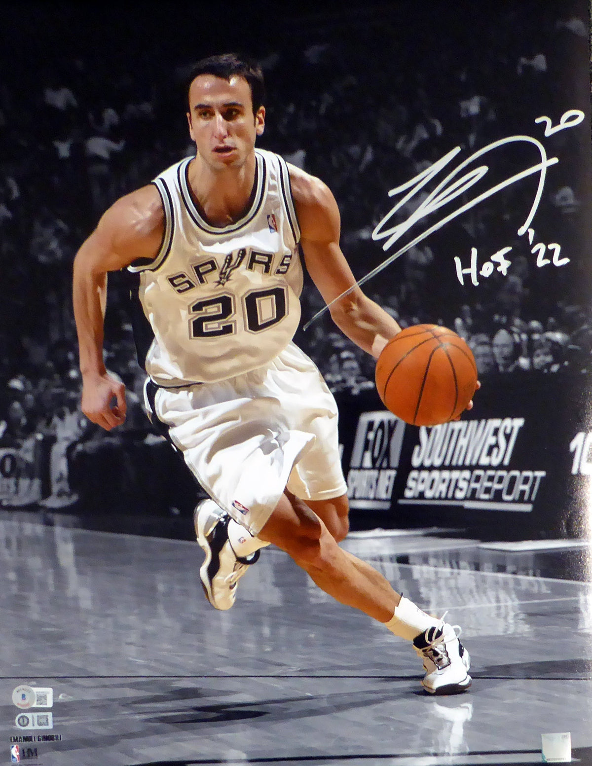 Manu Ginolbili Autographed 16X20 Photo San Antonio Spurs "Hof 22" Beckett Bas Qr #Wx48323