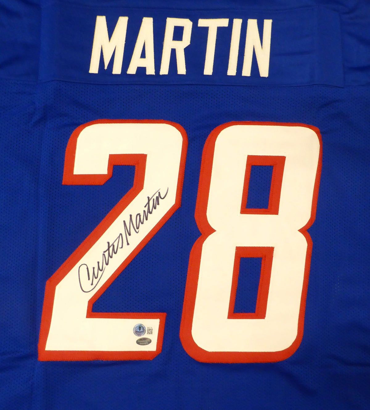 New England Patriots Curtis Martin Autographed Blue Jersey Beckett Bas Qr #Bm37178