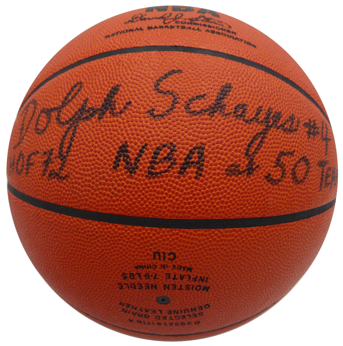 Dolph Schayes Autographed Official NBA Leather Basketball Philadelphia 76Ers "Hof 72 NBA At 50 Team" Beckett Bas Qr #Bn14526