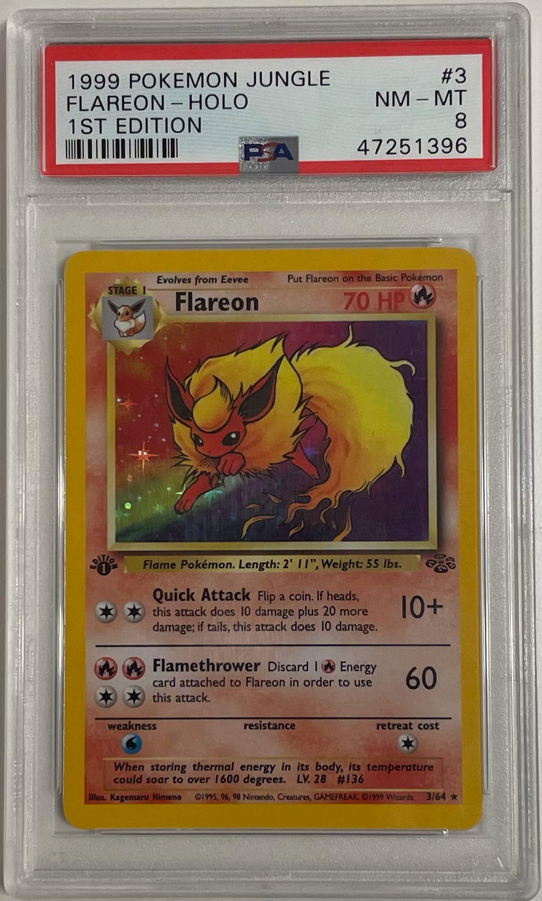 Pokémon Flareon 3/64 Jungle 1st Edition Holo - 1999 Pokemon - PSA 8