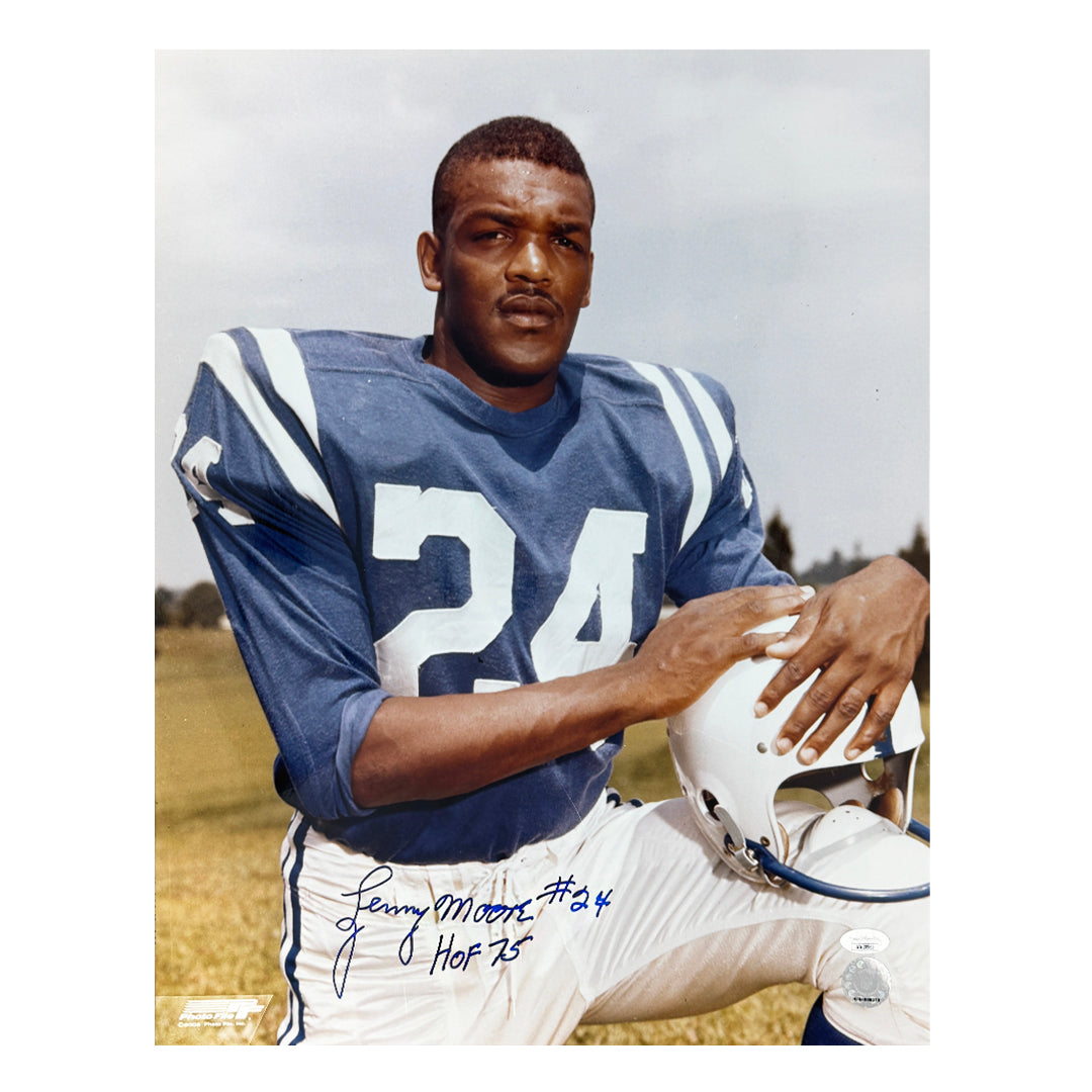Lenny Moore Signed Hof 75 Inscription Indianapolis Pose 2 Football 16X20 Photo (Jsa)