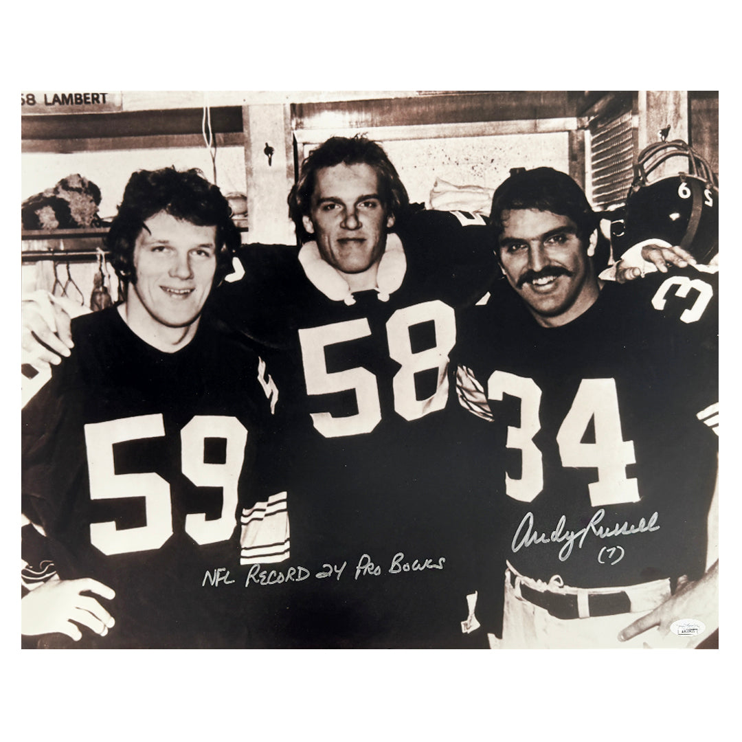 Andy Russell Signed NFL Record 24 Pro Bowl Inscription Pittsburgh Pose 1 Football 16X20 Photo (Jsa)