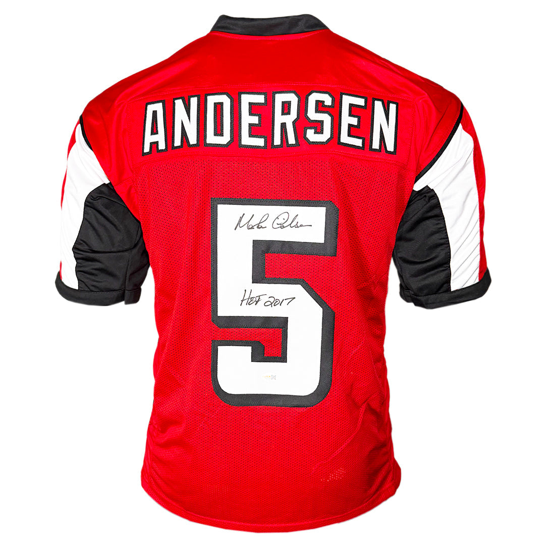 Morten Andersen Signed Hof 2017 Inscription Atlanta Red Football Jersey (Jsa)