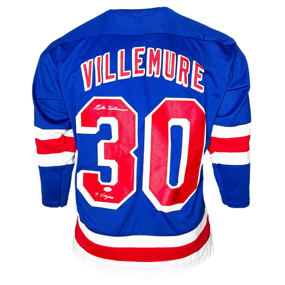 Gilles Villemure Signed 71 Vezina Inscription New York Blue Hockey Jersey (Jsa)