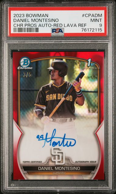 Baseball Bowman Daniel Montesino 2023 Bowman Chrome Prospect Autographs Red Lava Refractor #'D 1/5 PSA 9