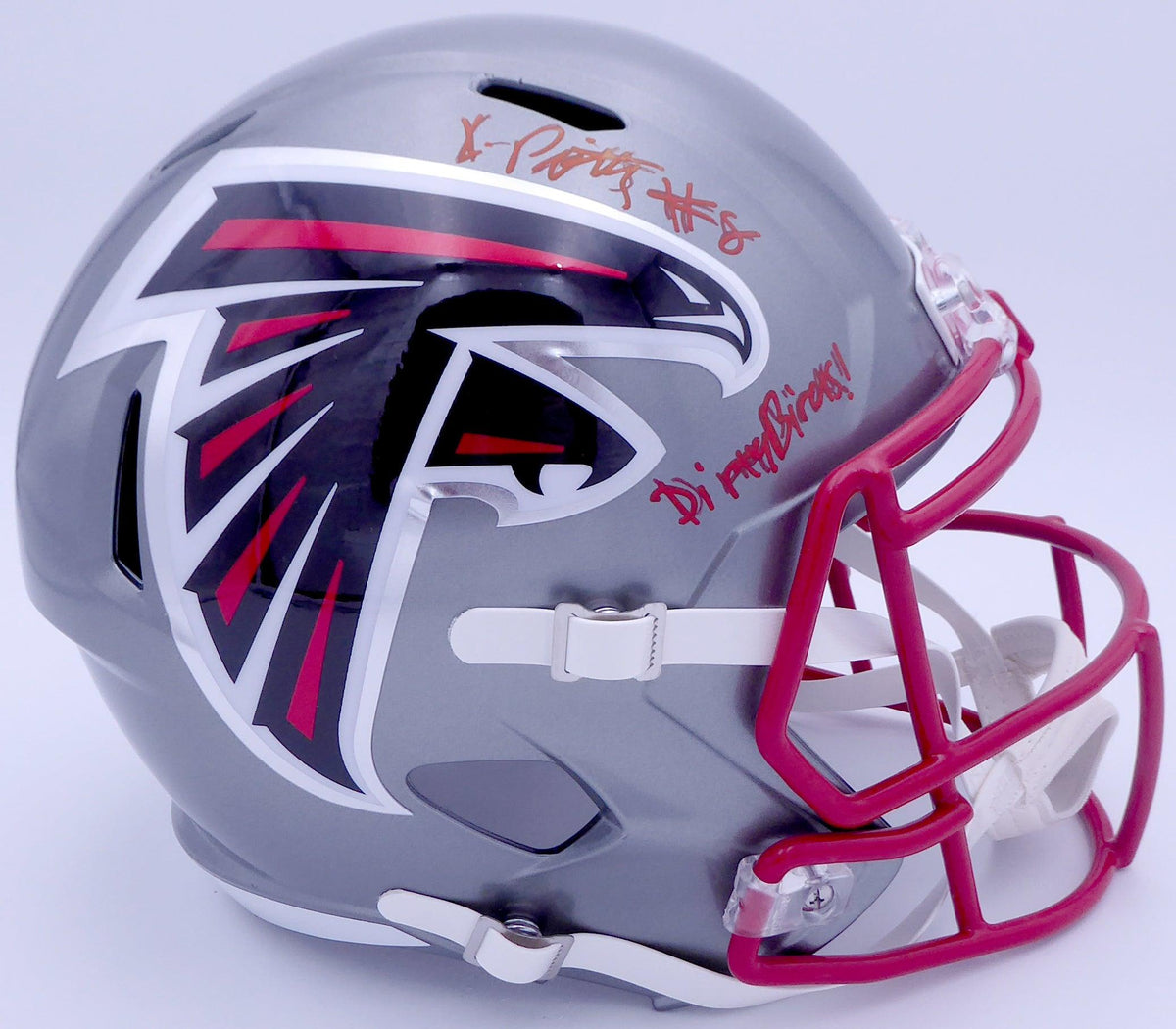 Kyle Pitts Autographed Atlanta Falcons Flash Silver Full Size Replica Speed Helmet "Dirty Bird!" (Smudge) Beckett Bas Qr #Wl25762