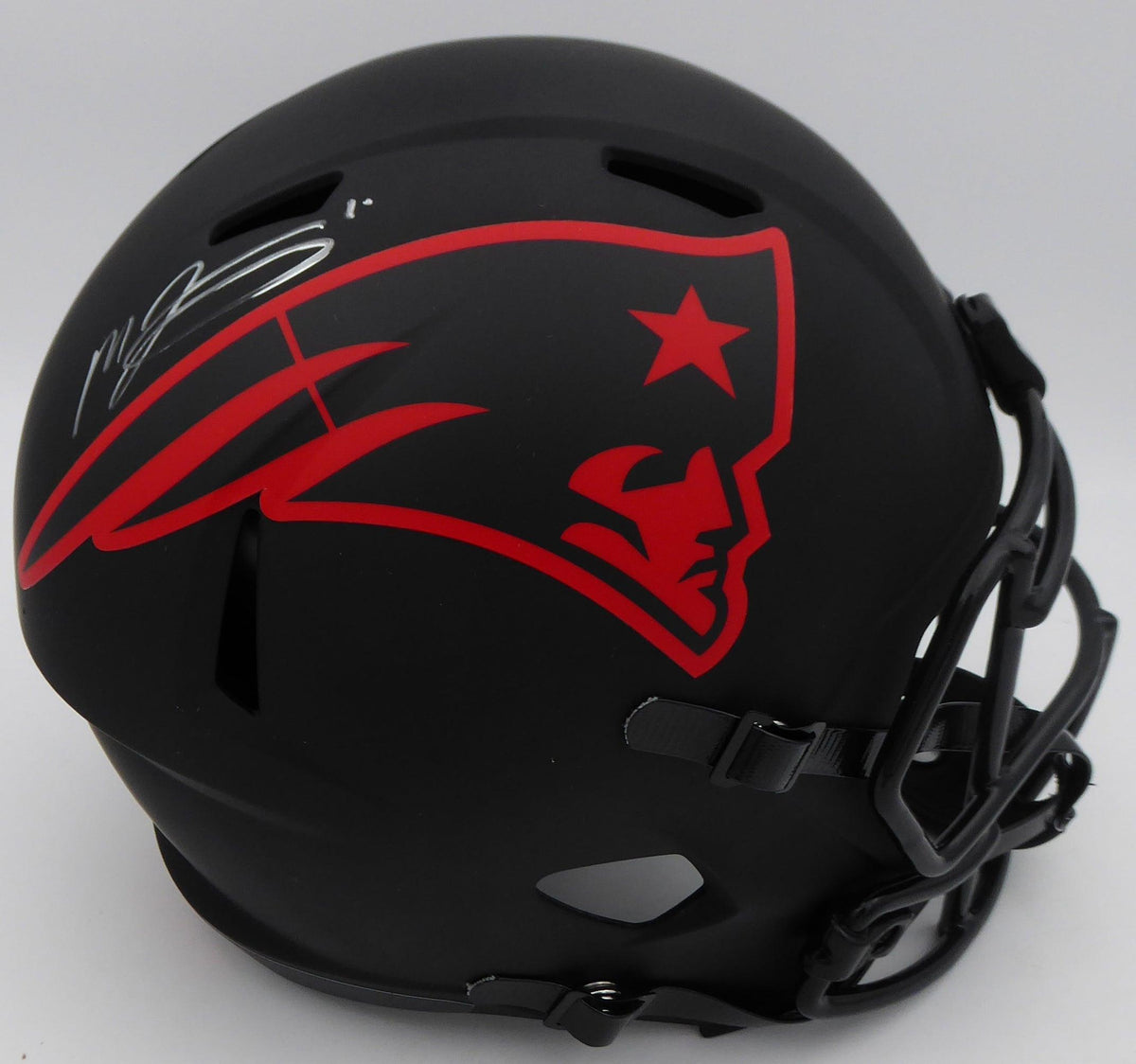 Mac Jones Autographed New England Patriots Eclipse Black Full Size Replica Speed Helmet (Light Auto) Beckett Bas Qr #Ws86060