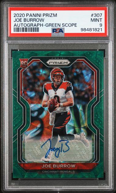 Sports Panini Joe Burrow 2020 Panini Prizm Autograph Green Scope #'D 71/75 PSA 9