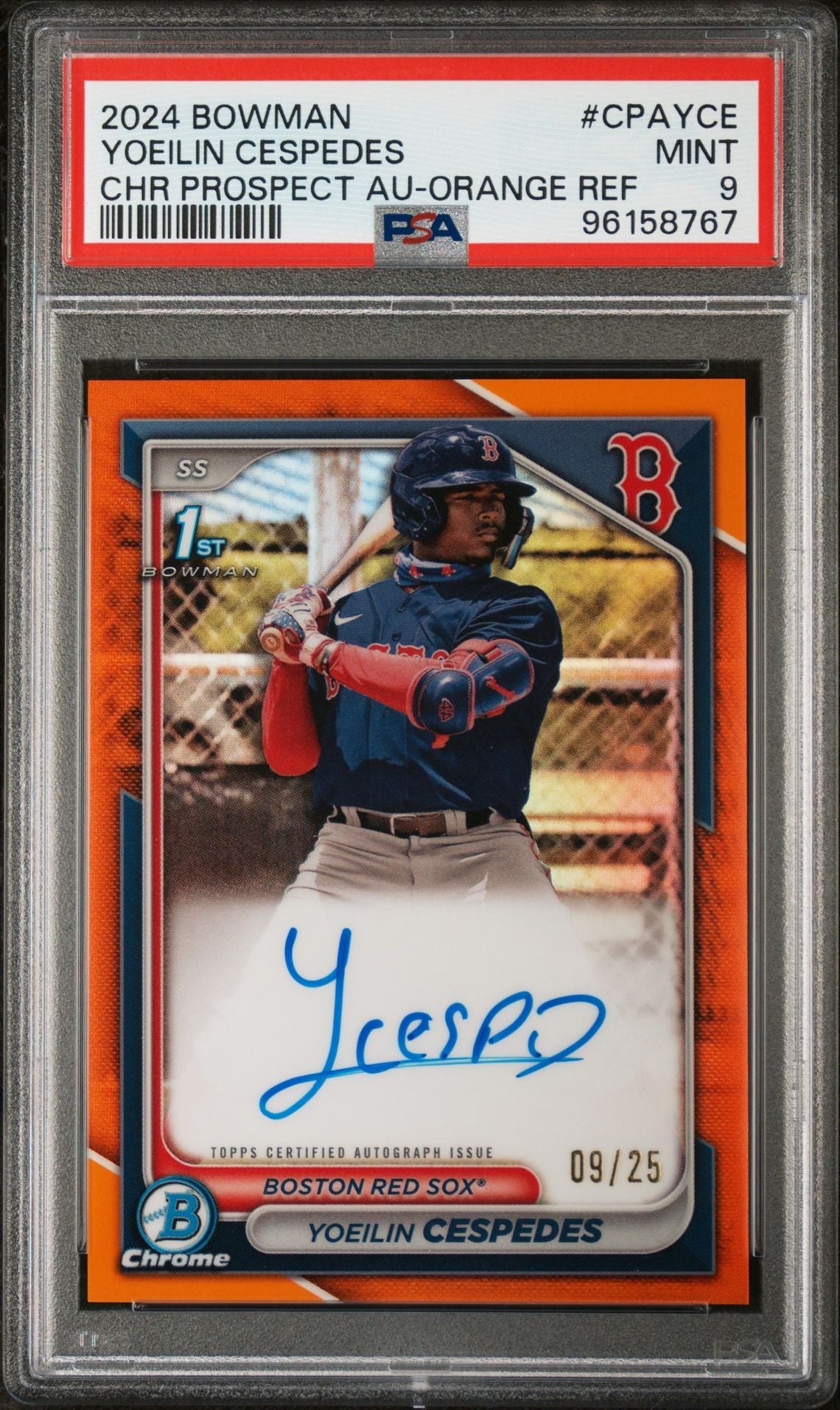 Baseball Bowman Yoeilin Cespedes 2024 1st Bowman Chrome Autograph Orange Ref. #'D 09/25 PSA 9