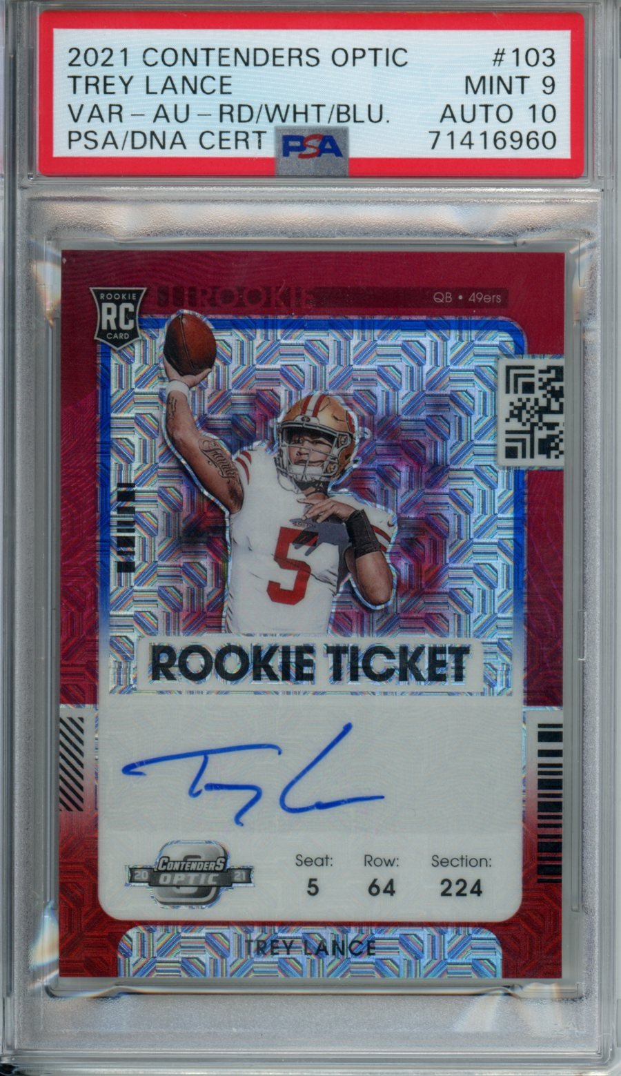 2021 Panini Contenders Optic Trey Lance Rookie Rwb Auto /13 PSA 9/10 49Ers