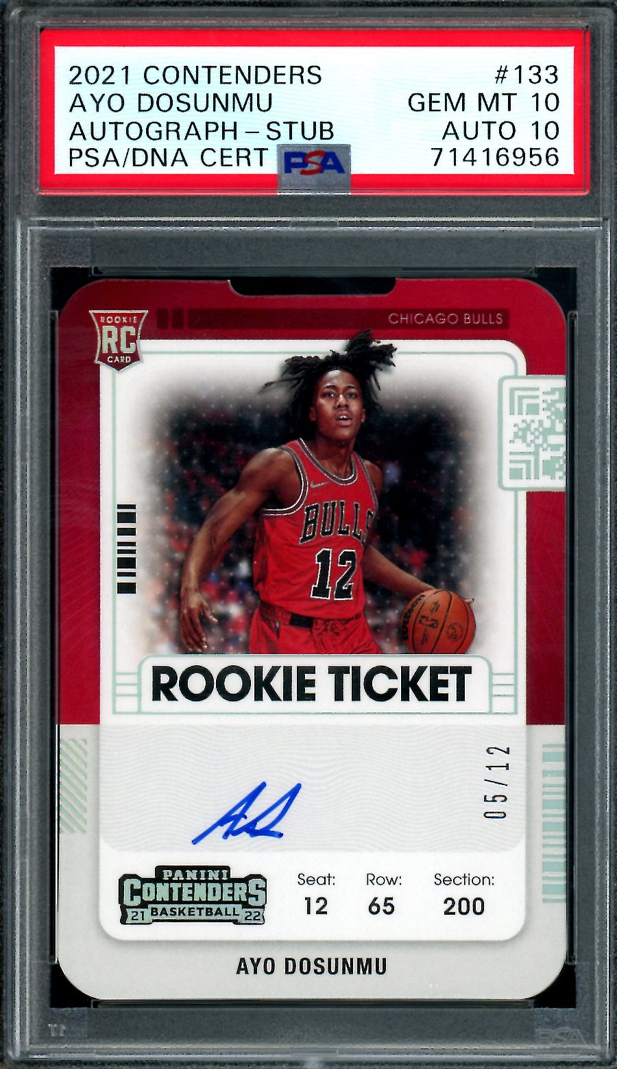2021/22 Panini Contenders Ayo Dosunmu Rc Ticket Stub Auto /12 PSA 10/10 Bulls