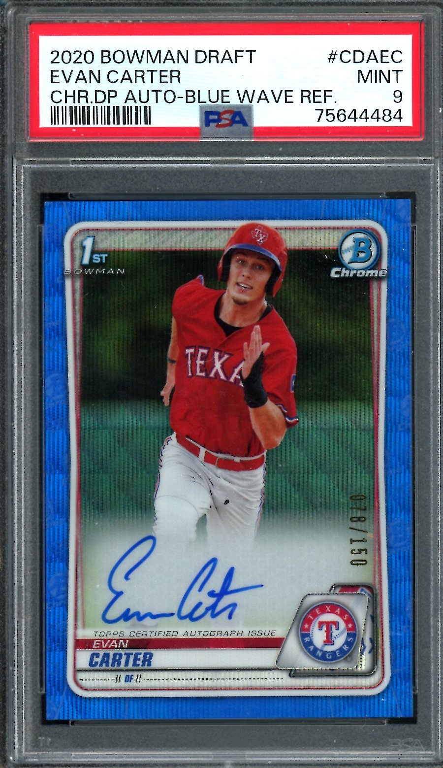 2020 Bowman Draft Evan Carter 1St Bowman Auto Blue Shimmer /150 PSA 9 Rangers
