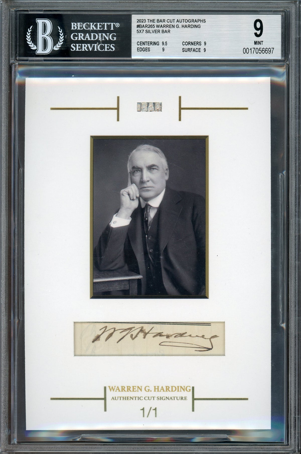 2023 The Bar Cut Autograph Edition Warren G. Harding 5X7 Cut Auto 1/1 BGS 9