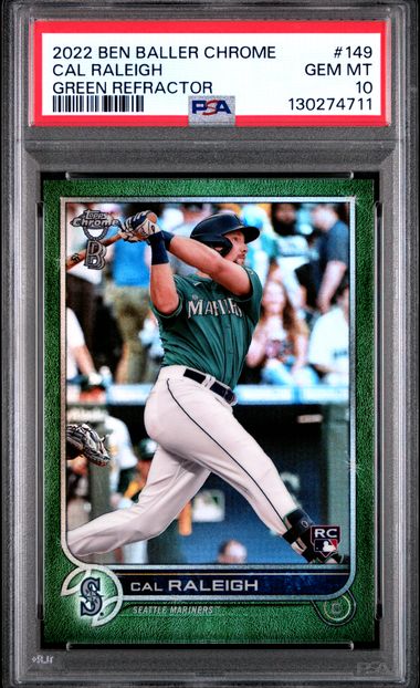 Baseball Cal Raleigh 2022 Ben Baller Chrome Green Refractor Rc #'D 30/99 PSA 10