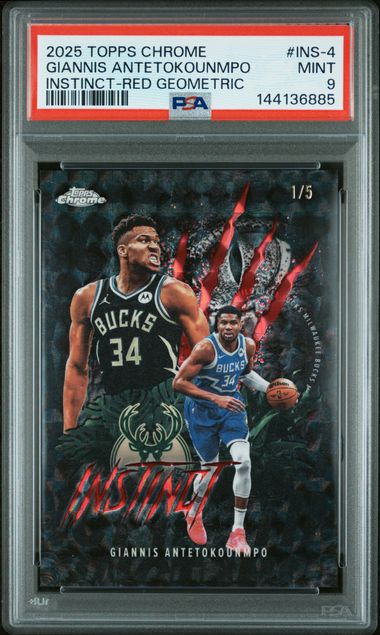 Basketball Topps Giannis Antetokounmpo 2025 Topps Chrome Instinct Red Geometric #'D 1/5 PSA 9