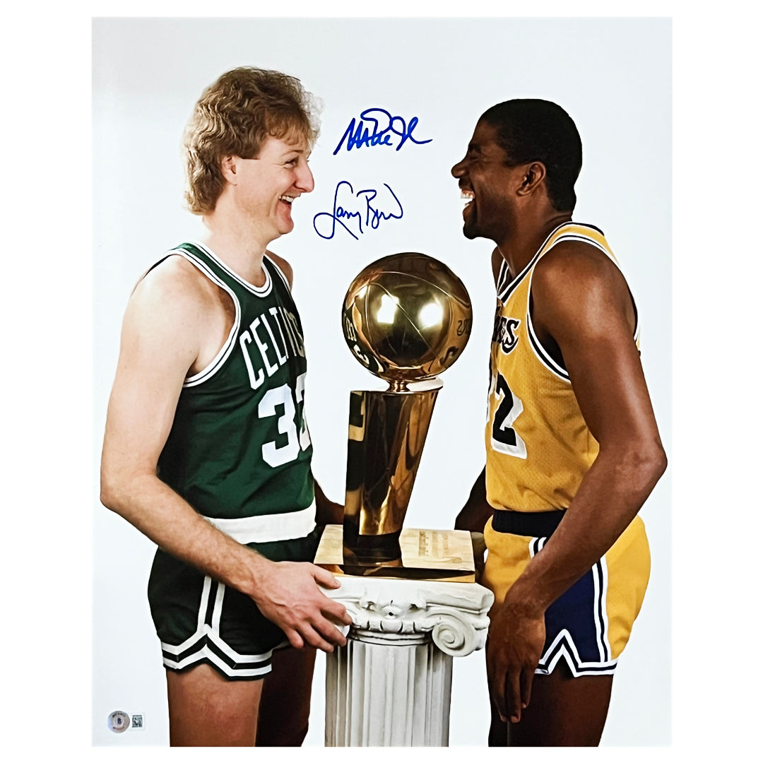 Larry Bird And Magic Johnson Signed Pose 1 Laughing Basketball 16X20 Photo (Beckett)