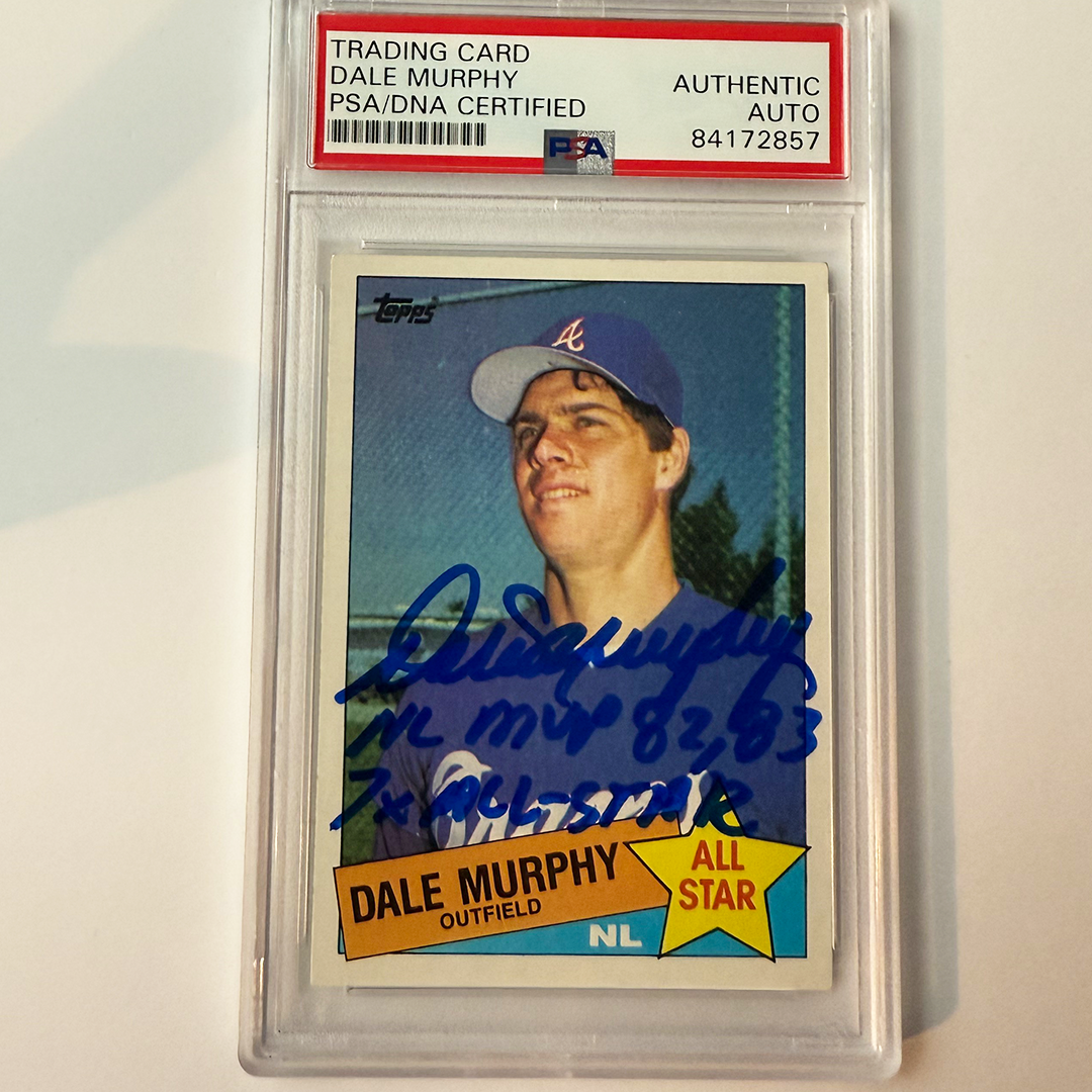 Dale Murphy Sgiend 1985 Topps #716 W/2 Inscriptions PSA Auto Authentic