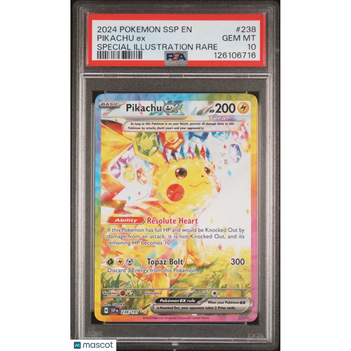 Pokémon 2024 Pokemon SSP En-Surging Sparks Pikachu EX #238 Special Illustration Rare PSA 10