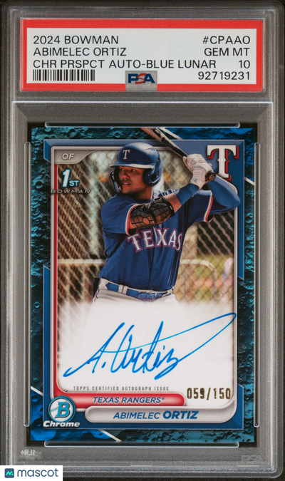 Baseball Bowman 2024 Bowman Prospect Auto Abimelec Ortiz #Cpaao Blu Lunar Ref /150 PSA 10