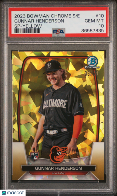 Baseball Bowman 2023 Bowman Chrome Sapphire Edition Gunnar Henderson #10 SP Yellow 39/50 PSA 10