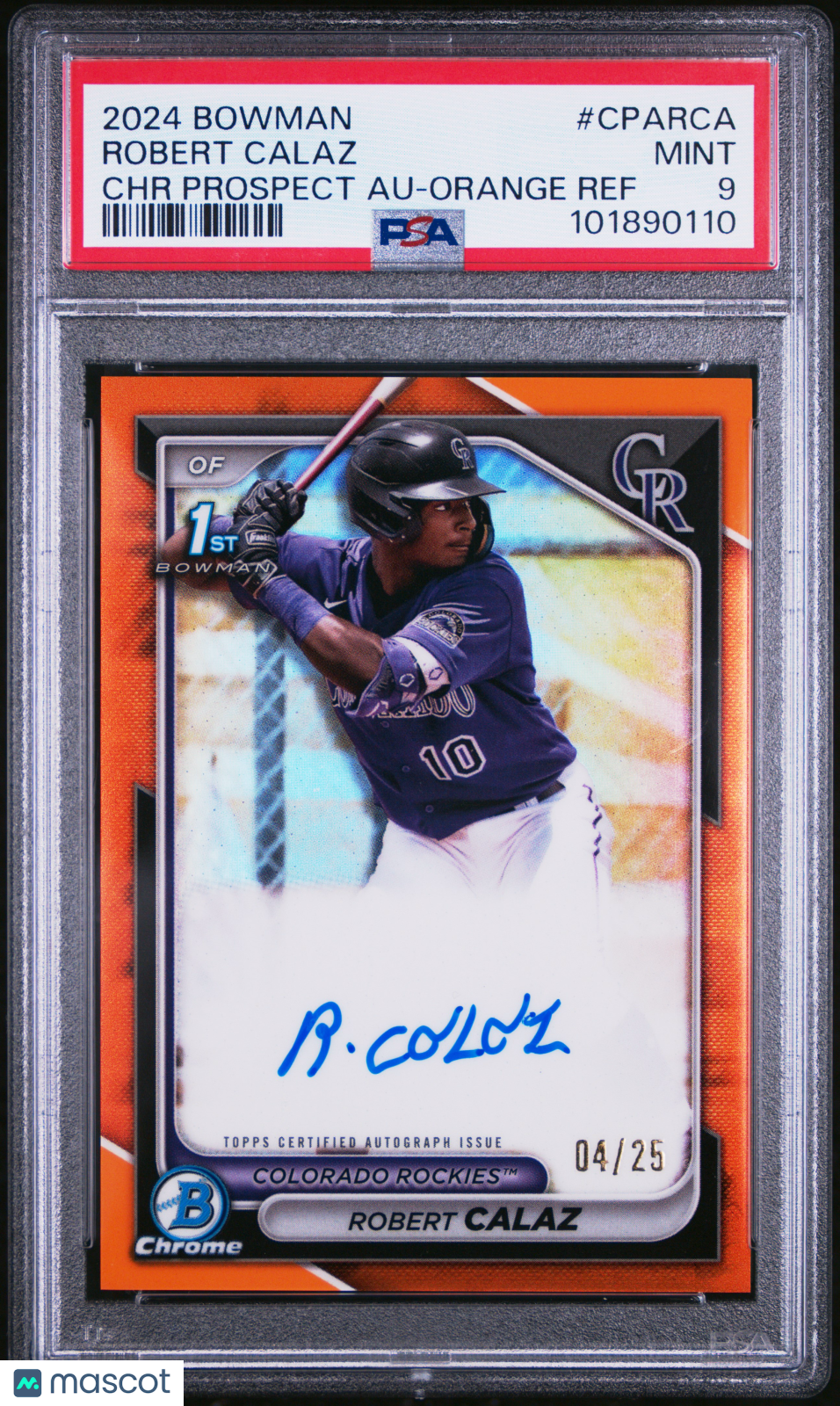 Baseball Bowman 2024 Bowman Chrome Prospect Auto Robert Calaz #Cparca Orange Ref /25 PSA 9